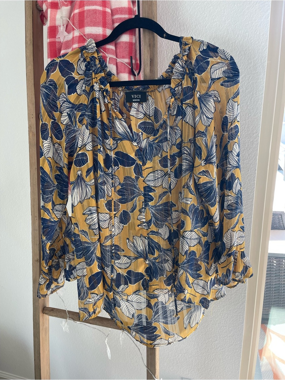 VICI Mustard Floral Tie-Front Blouse with Navy and White Leaves